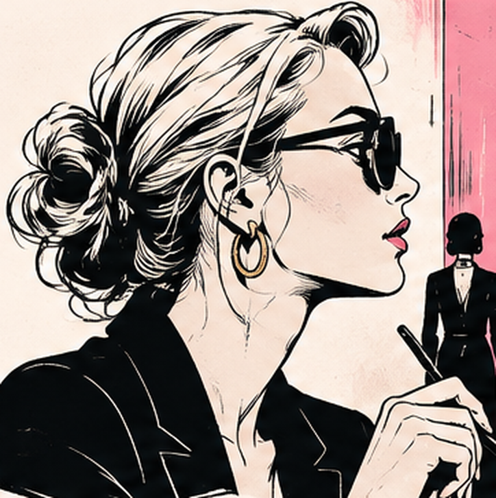 Illustrated ÉDITON editorial voice in dark glasses, holding a pen