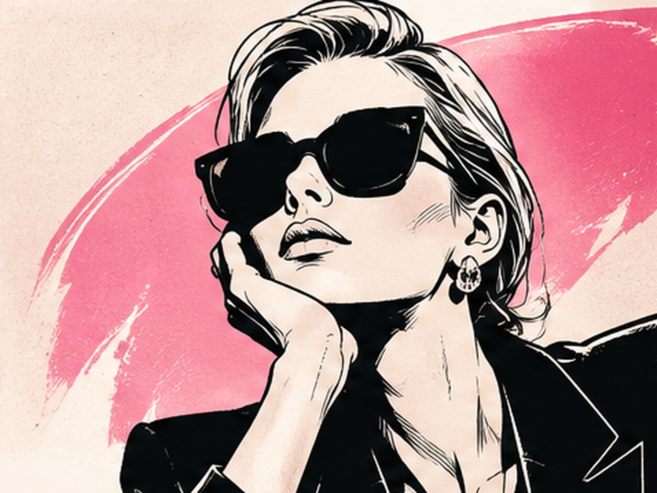 An illustrated ÉDITON editorial figure in dark glasses and a black jacket